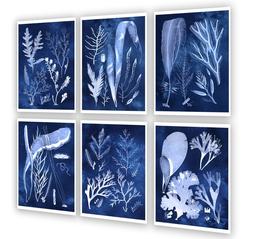 Blu Navy E Bianco Costiero Decorazione Set Di 6 senza Cornic