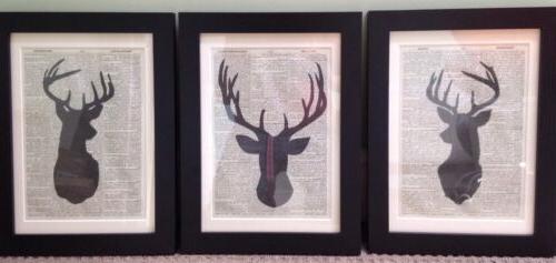 3x cervo testa vintage dizionario stampa muro