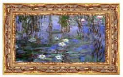 Monet,Ninfee Bianche,Stampa su tela /PVC+Cornice Oro in legn
